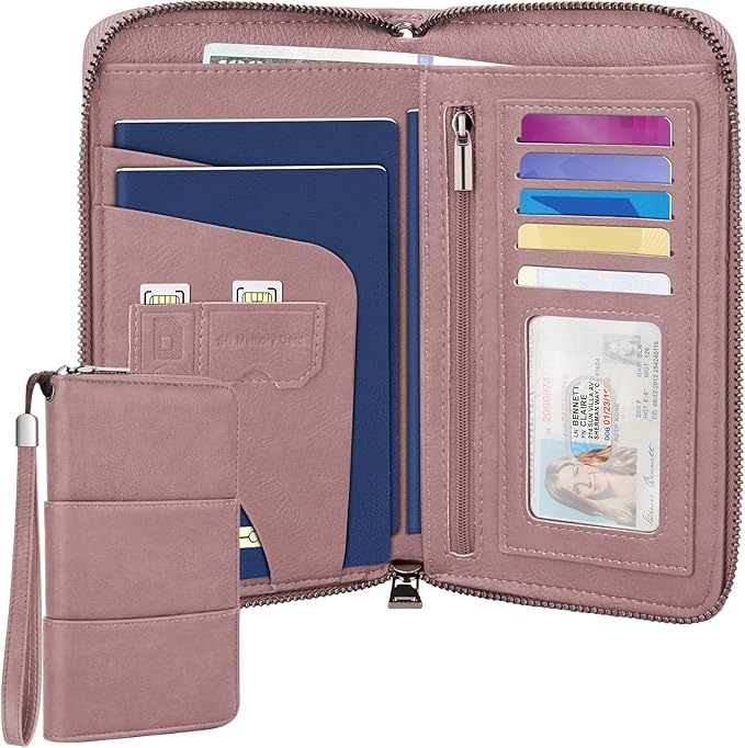RFID Family Passport Holder Wallet - Travel Document Organizer | PU Leather, with Wristlet, Zipper, Cards, Boarding Pass, ID, Cash, Ticket Pockets,Travel Essentials Gifts for Women Men