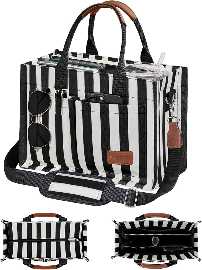 FIORETTO Canvas Tote Bag for Women with Zipper Closure & Individual Compartments for Work College for Teacher & Nurse