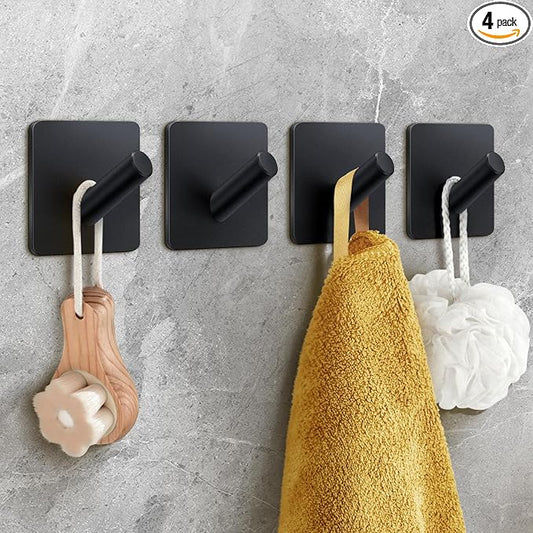 xdgeLoad Bath Towel Hooks 4 Pack, Heavy Duty Wall Hooks for Bathrooms/Coat/Robe/Kitchen, Non-Punching self-Adhesive Hooks, Matte Stainless Steel Black