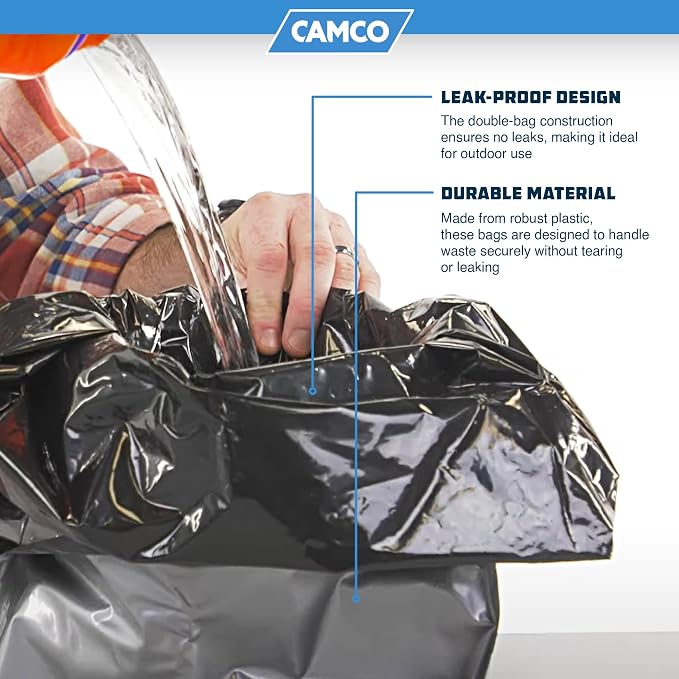Camco Toilet Waste Bags - Features a Biodegradable Powder & Leak Proof Double Bag Design - Great for Camping, RVing, Hiking, or Boating - 10-Pack (41548)