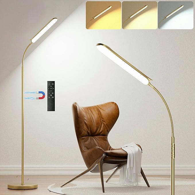 Dimmable LED Floor Lamp, Super Bright Reading Lamps Floor Standing lamp with Remote & Touch Control, Stepless Dimming & 2700K-6500K Color Temperature, for Living Room Bedroom Office, Gold