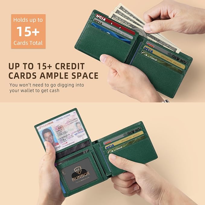 RUNBOX Wallet for Men -Slim Rfid Leather Mens Bifold Novelty Wallets 2 ID Window With Gift Box Men's Accessories | Minimalist Front Pocket Design, Holds 15 Cards, Large Capacity with Cash Pocket,Compact and Thin, Birthday Gifts for Men