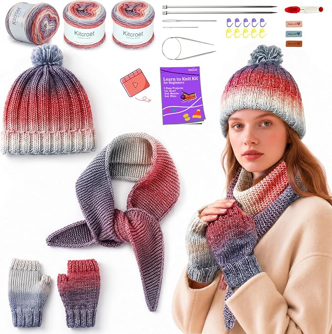 Kitcroet Knitting Kit for Beginners, Complete Learn to Knit Starter Kit with Scarf, Hat & Gloves, Video Tutorials & Written Instructions, 25% Extra Yarn, Knitting Set for Beginners, Amethyst Ombre