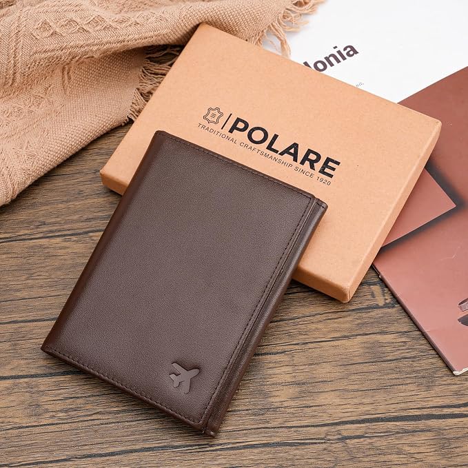 Polare Napa Leather Pilot Wallet Passport Holder RFID Blocking Tri-fold Travel Cover Document Organizer for Aviation Professionals (Coffee with AirTag Slot)