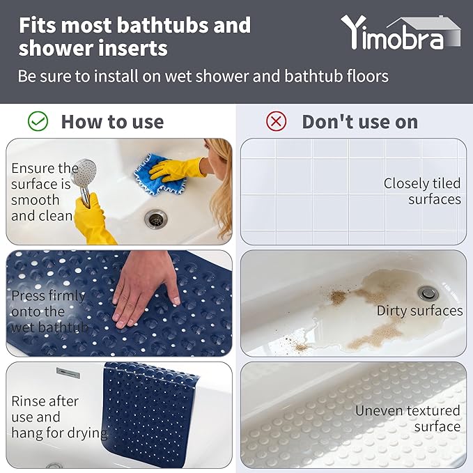 Yimobra Non Slip Bathtub Mat 40 x 16 Inch, Extra Long Shower Mat with Drain Holes, Machine Washable Baby Bath Mats, Strong Suction Cups for Bathroom Floor, Navy Blue