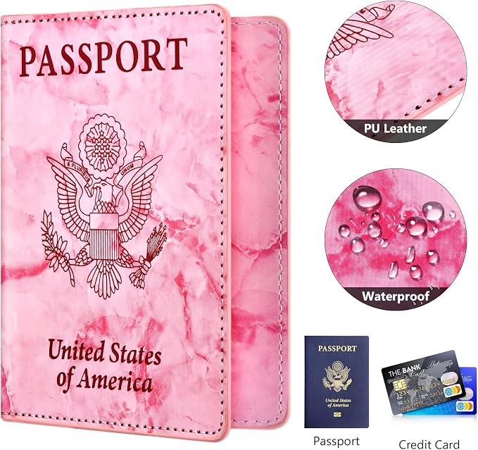 Eoehro Passport and Vaccine Card Holder, Faux Leather, E-Marble Rose Red, Unisex, 5.6"x 4"
