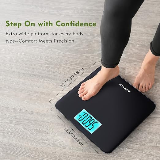 ZOETOUCH 560lbs Bathroom Scale for Body Weight, Extra Wide Oversized 12.9" Platform, Large 4.2" LCD Display, High Accuracy Digital Weighing Machine with Heavy Duty Tempered Glass for Bariatric Seniors