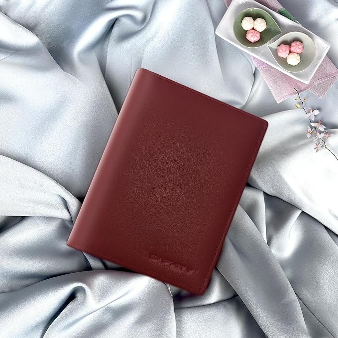 BAPHITY Womens Leather RFID Multi-Slot Travel Slim Passport Cover, Wine Red | Top-Grain Leather, RFID Blocking, Multi Slots (3+2 SD), Slim, Unisex Multi-Function Holder, Travel Sleeve