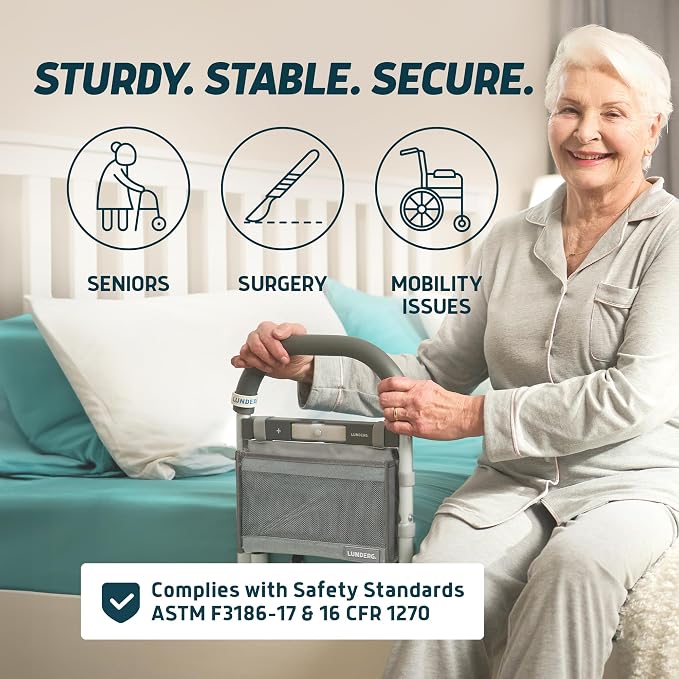 Lunderg Bed Assist Rail for Seniors - with Motion Light & Storage Pocket | Easy to Install Bed Rails for Elderly Adults Safety & Post-Surgery - Helps Reduce Falls & Support Independence