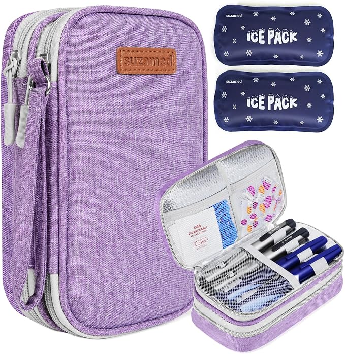 suzamed Insulin Cooler Travel Case, Double Layer Medicine Kit Diabetes Travel Case, Portable Medicine Organizer with 2Pack 150g Ice Pack TSA Approved for Insulin Pens Diabetic Supplies (Purple)