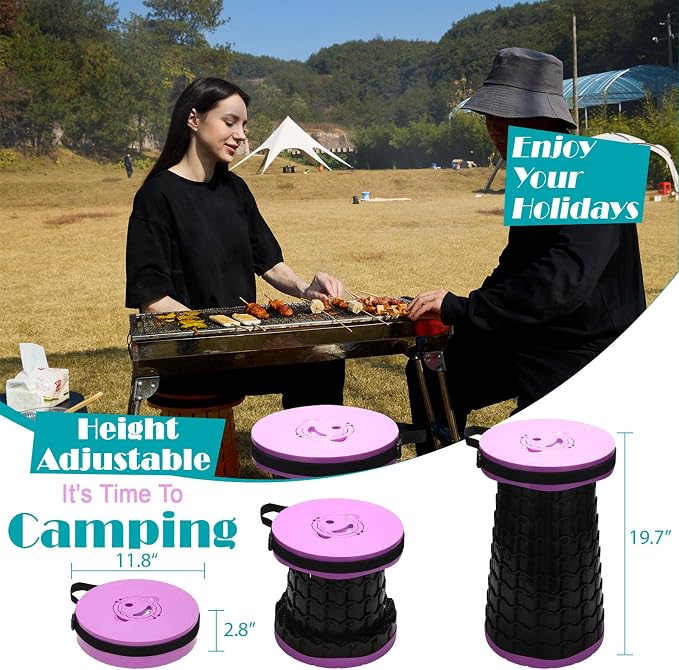 Collapsible Stool with Cushion,1000 lbs Capacity,19.7-in Adjustable Height | Wider & Taller Heavy Duty Portable Telescoping Folding Seat Chair for Adults Camping,Fishing,Travel,Queue Wait,Stadium View