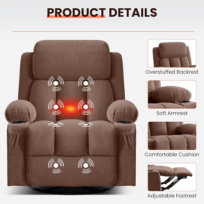 MAHOMICO Swivel Rocker Recliner Chair with Vibration Massage and Heat for Living Room,with Rocking Function and Side Pocket, USB Charge Port,2 Cup Holders