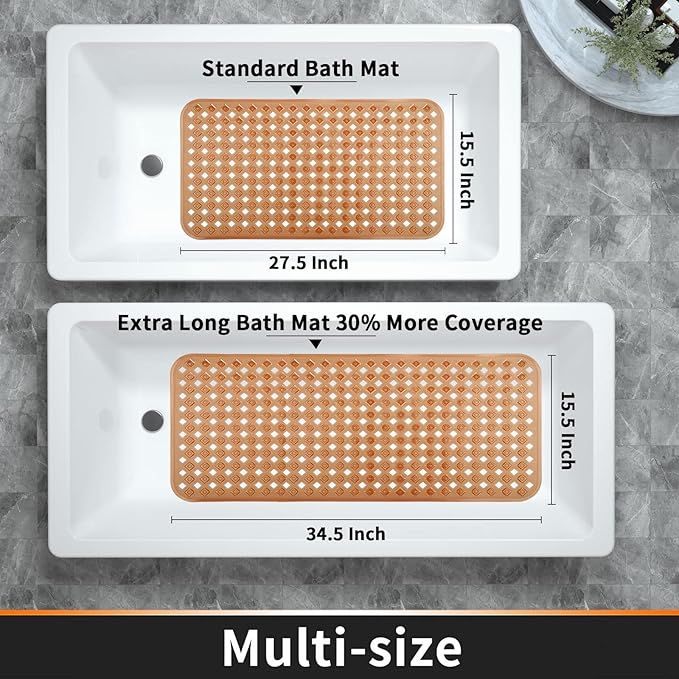 Yimobra Bathtub Mat Non Slip, Super Strong Suction Cups, 34.5"x15.5" Long Shower Mat with Drain Holes, Machine Washable Fast Draining Bath Mats, Bathroom Essentials,Clear Brown