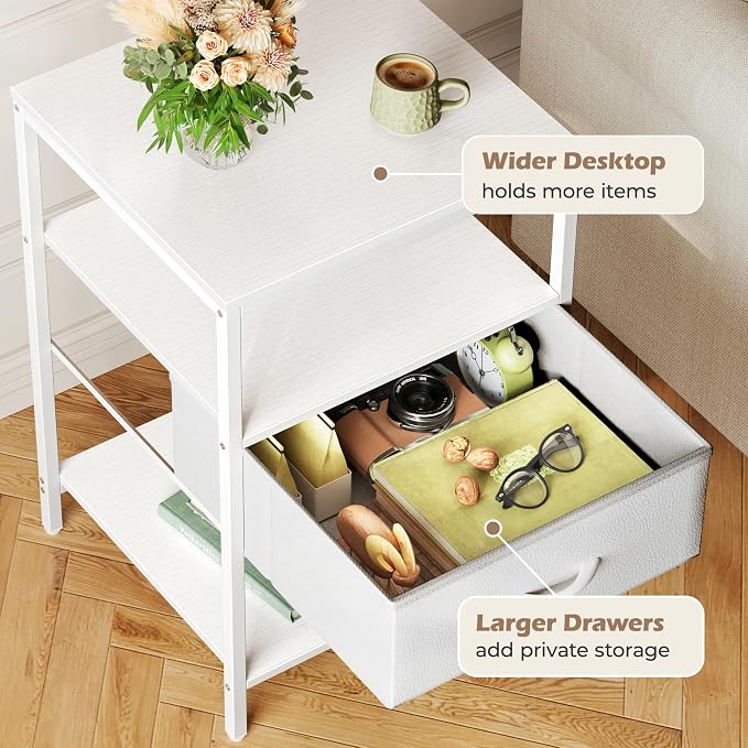SUPERJARE Nightstand with Charging Station, USB-C Port, Bedside Table | 27.7 Inch Tall Nightstand with Adjustable Fabric Drawer, Large Dresser for Bedroom, Living Room, White