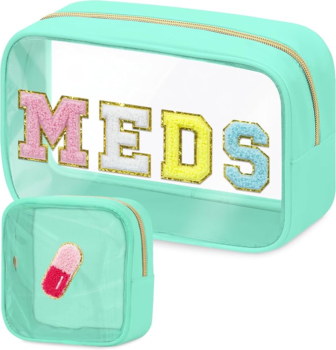 BuyCard 2 Pcs Medicine Chenille Letter Bag Preppy Clear Makeup Meds Pouch for Travel Nylon & PVC Transparent Cosmetic Bag Preppy Patch Toiletry Storage for Women Girls Green