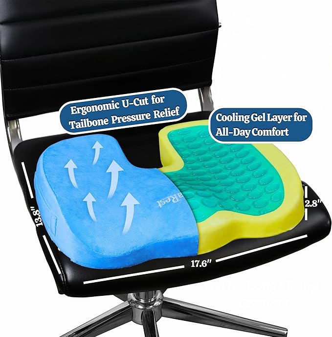 LuminaRest® Gel Seat Cushion for Long Sitting – Premium CertiPUR-US® Certified Memory Foam, Ergonomic Office Chair Cushion for Tailbone and Coccyx Pain Relief, Sciatica & Back Support – (Blue)
