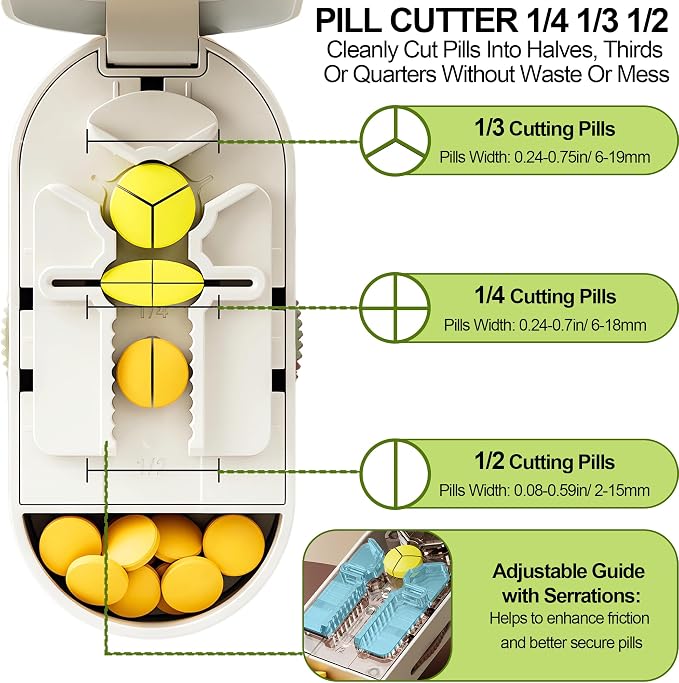 Pill Cutter Splitter for Small and Tiny Pills, Vertical Push Down Cut Pill Cutter 1/4 1/3 1/2, Accurate Pill Cutter for Small or Large Pills with Storage Cleaning Brush Pill Crushers for Elderly Pets