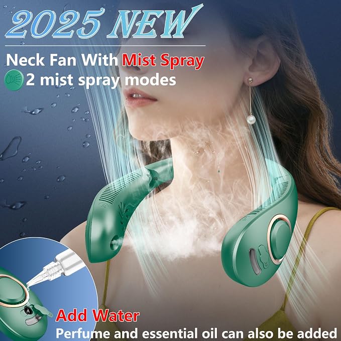 Neck Fan with Mist,Foldaway Neck Fan with Mist,Personal Fan for Neck Wearable Hanging around,Cordless Neck Coolers for Female Male Kids Dad Mom Deep Green