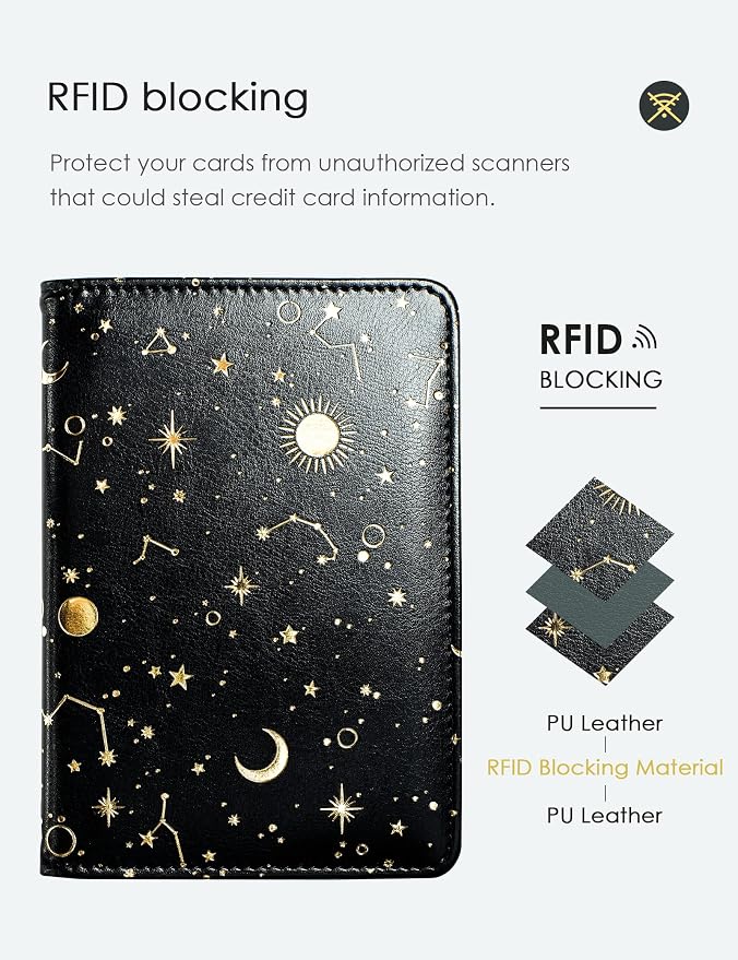 Mymazn Passport Holder with Clear Pocket Passport Case Passport Cover Women Passport Case with RFID Blocking and Vaccine Card Holder Travel Wallet (Black/Gold, Minimalist)