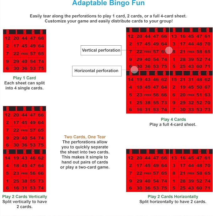100 Bingo Cards, Large 4.5 x 4.5 Inch, Red, Paper Bingo Sheets | 8 Color Options, Premium Cardstock, Disposable with Daubers or Reusable with Chips — Proudly Made in USA
