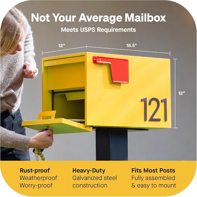 Adoorn Lockable Post Mount Mailboxes for Outside - Small Anti-Theft Locking Mailbox for Packages and Letters - Weatherproof Construction - Durable Steel - 12" H x 12" W x 18.5" D - Yellow