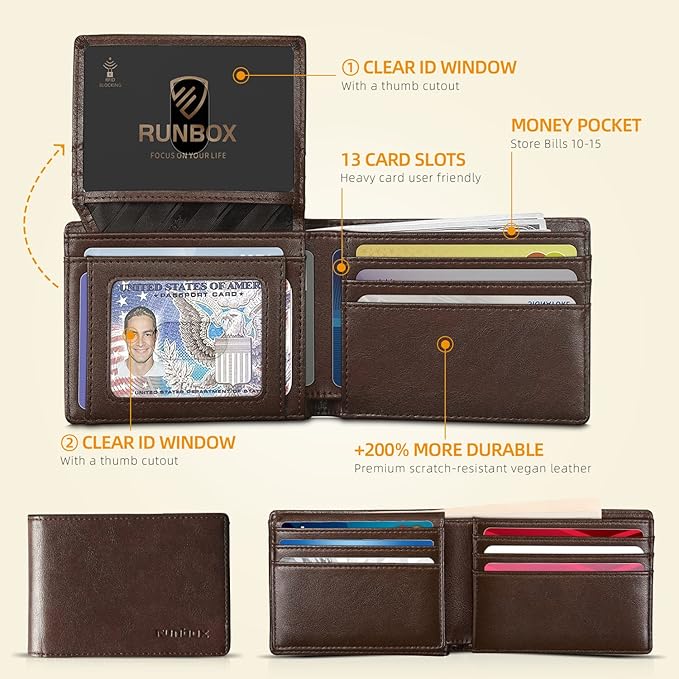 RUNBOX Wallet for Men -Slim Rfid Leather Mens Bifold Novelty Wallets 2 ID Window With Gift Box Men's Accessories | Minimalist Front Pocket Design, Holds 15 Cards, Large Capacity with Cash Pocket,Compact and Thin, Birthday Gifts for Men