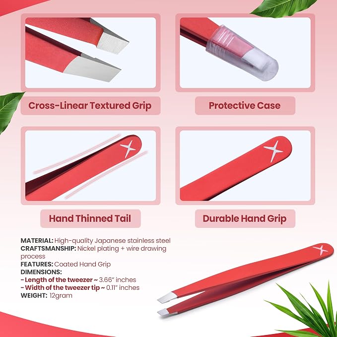 Professional Slant Tip Tweezers - Precision Stainless Steel Eyebrow Plucking Tool for Women and Men, Ingrown Hair Remover, Facial Hair Tweezers for Grooming (Neon Coral)