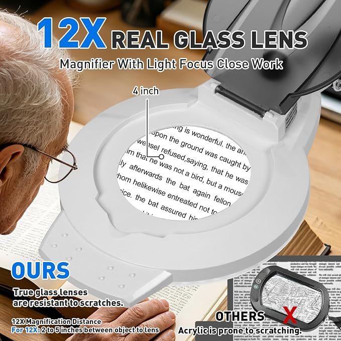 KIRKAS 12X LED Magnifying Lamp with Clamp, 2,200 Lumens Dimmable Bright | 35in Adjust Swivel Arm Magnifying Glass with Light for Repair Reading Craft Needlework Workbench Magnifier Dust Cover White