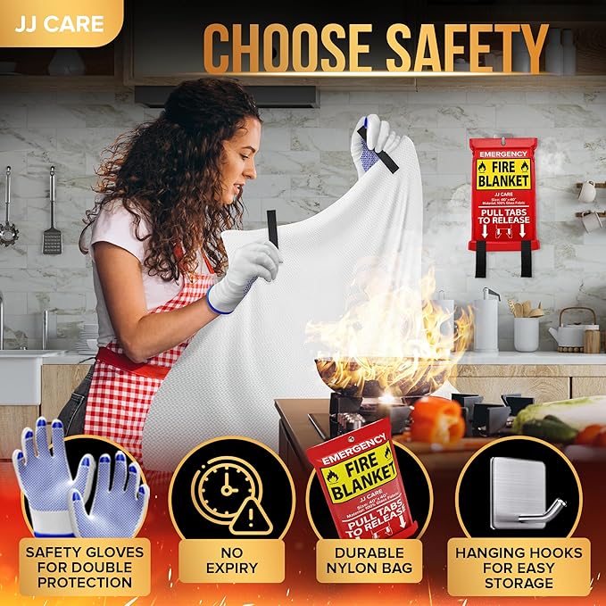 JJ CARE Fire Blanket – 3 Packs with Hooks and Gloves – Emergency Fire Blanket for Home & Kitchen, High Heat Resistant Fire Suppression Blankets for Home Safety, Kitchen, and Camping