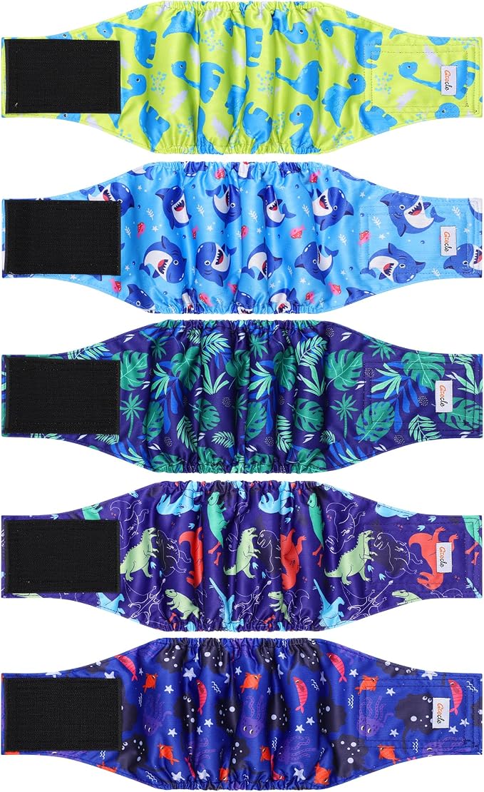 5 Pack Dog Diapers Male Reusable, Premium Belly Bands for Male Dogs, High Absorbing Male Dog Pee Wraps for Doggie in Incontinence or Excitable Urination and Training Dinosaur XXL