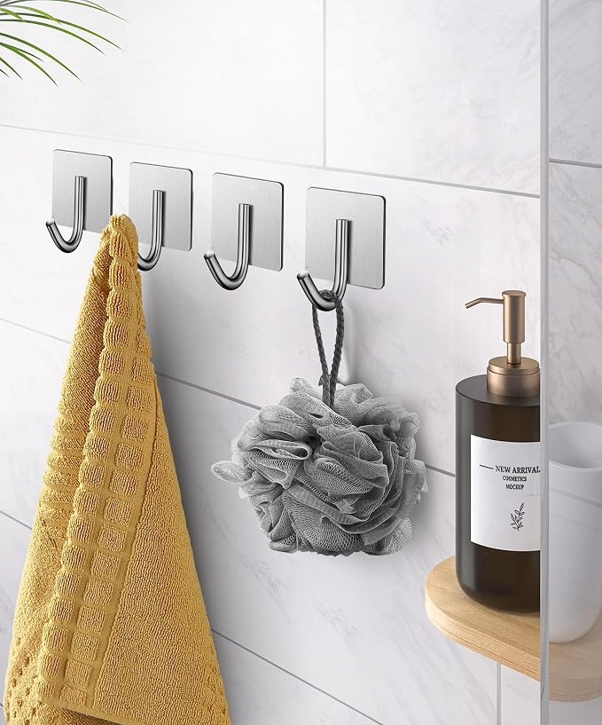 xdgeLoad Adhesive Hooks, 16 Pack Towel Hooks Wall Hooks for Hanging, Stick on Hooks, Adhesive Towel Hooks for Bathroom Door Hanger Kitchen Closet Cabinet Stainless Steel-Brushed Nickel