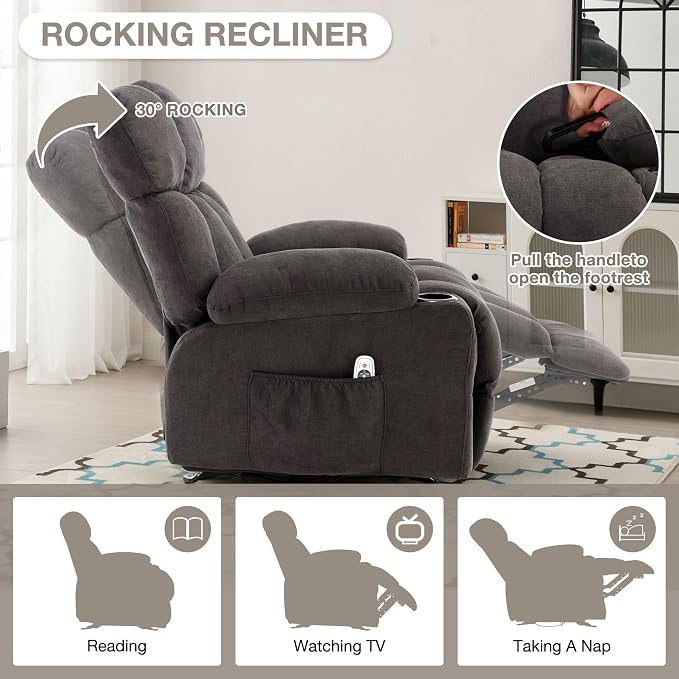 Massage Rocker Recliner Chair with Heat and Vibration Ergonomic Rocking Lounge Chair for Living Room Comfy Overstuffed Recliner with 4 Side Pockets, 2 Cup Holders, Black