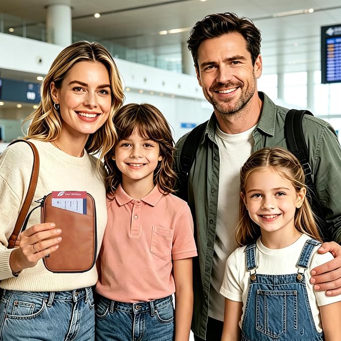 Lagre Family Passport Holder for 4, Brown | Multiple Passport Bag, RFID Blocking, Waterproof with Zipper, For Travel