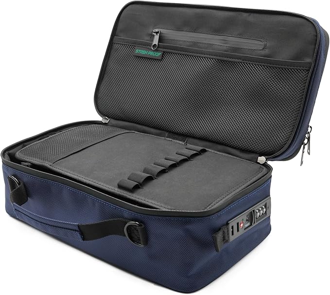 Large Storage Case with TSA Combination Lock Bag, Portable Carbon Lined, XL Medicine Lockable Box for Travel & Home Secured Box Organizer Divider Jars Accessories, Removable Tray (Blue)
