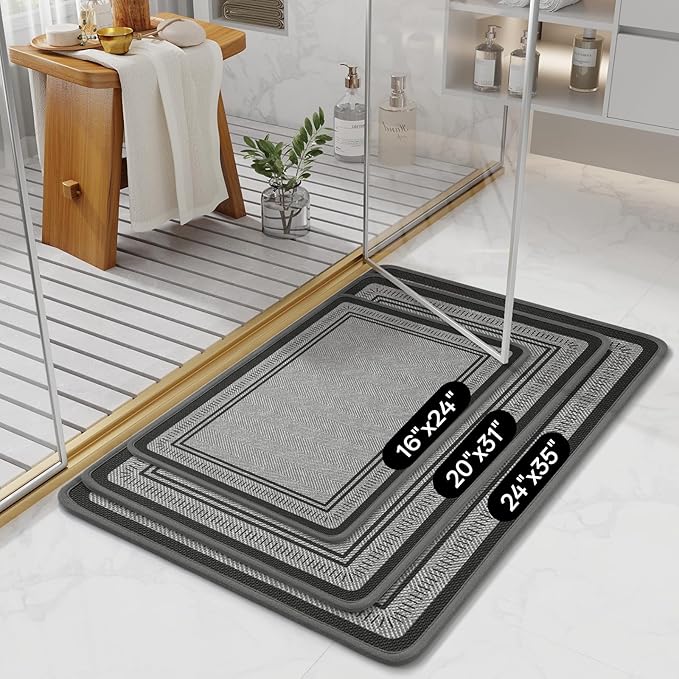 24"×35" Non Slip Bath Mat with Rubber Backing, Absorbent Quick Dry Bath Mats Washable, Low Pile Bathroom Rugs Fit Under Door for Bathroom Floor, Shower and Sink, Grey