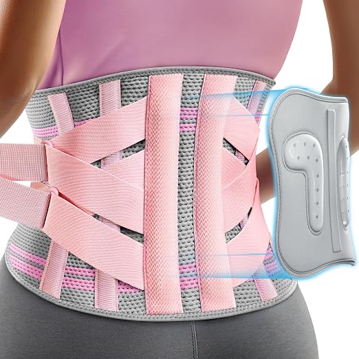 Rakiie Back Brace for Lower Back Pain Women with 9X Support System, Ergonomic Lumbar Support for Pain Relief, Breathable Mesh Design with 3D Silicone Pad for Sciatica, Pink Size M (Waist: 32.3" – 39.8")