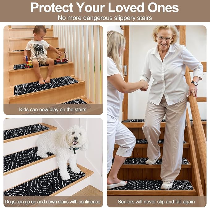 OJIA Boho Stair Treads Non-Slip Stair Runners for Wooden Steps 15PC 30"x8" | Indoor Washable Carpet Stair Treads Stair Mats Staircase Step Treads for Kids, Elders and Dogs, Stair Covers, Black