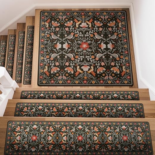 OJIA Floral Stair Treads for Wooden Steps 31"x31" Stair Runner Landing Mat | Indoor Stair Treads Non-Slip Stair Runner Stair Mats Staircase Step Treads for Kids, Elders and Dogs, Stair Covers, Black