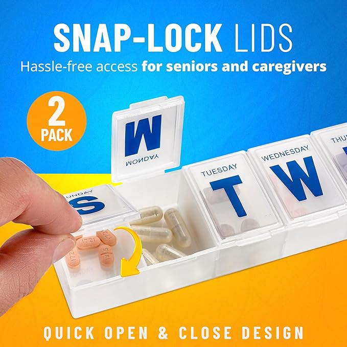 Weekly Pill Organizer - (Pack of 2) Extra Large Vitamin Container with Jumbo Easy to Read Letters, BPA Free - Daily Travel 7 Day Medication Pill Box Case