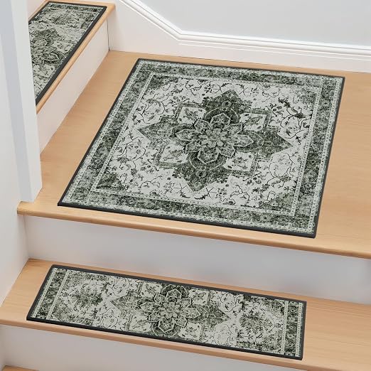 Non Slip Stair Treads for Wooden Steps, 1 Pack 30"x30" Washable Carpet | 30x30 in soft chenille polyester stair treads with reusable TPE backing for indoor wood stairs, dogs, kids, and seniors