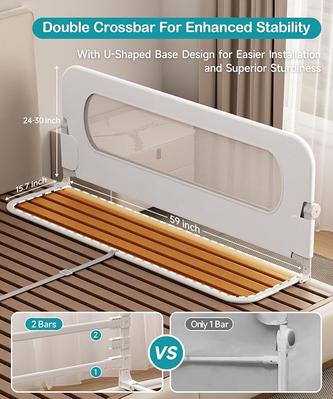 Bed Rail for Toddlers - 59 Inch Foldable Baby Guard | Height Adjustable | Foldable | Fits Full/Queen/King/Twin Beds | U-shape base provides Safety sleep protection | White