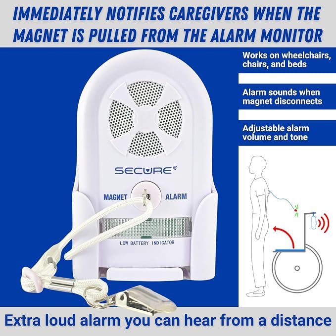 Secure Safety Solutions MAG-3 Magnet Pull Cord Chair & Bed Exit Alarm | Fall Prevention for Dementia Patients, Elderly Adults, Wheelchair Monitor, Caregiver Alert System, Motion Sensor