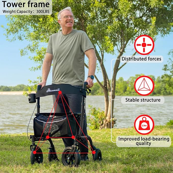 Rollator Walker for Seniors, Lightweight Foldable All Terrain Rolling Walker with seat, Aluminum Walkers with 10 inch Rubber Wheels, Handles and Backrest for Seniors and Adult