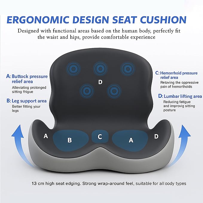 Ergonomic Seat Cushion with Back Support for Tailbone Pain Relief, Raised Seat & Thickened Lumbar Support for Office, Home, and Long-Distance Driving (Dark Gray)