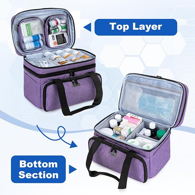 BAFASO Double Layer Medicine Bag with 2 Detachable Pouches, Purple | Pill Bottle Organizer for Travel and Daily Use (Bag ONLY)