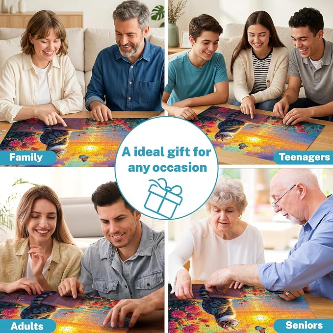 500 Piece Puzzle for Adults – Cat Sunset Jigsaw Puzzles 500 Pieces with Flowers & Butterfly, Colorful Art Puzzle for Adults & Seniors, Relaxing Adult Puzzles, 20.5 x 15 in