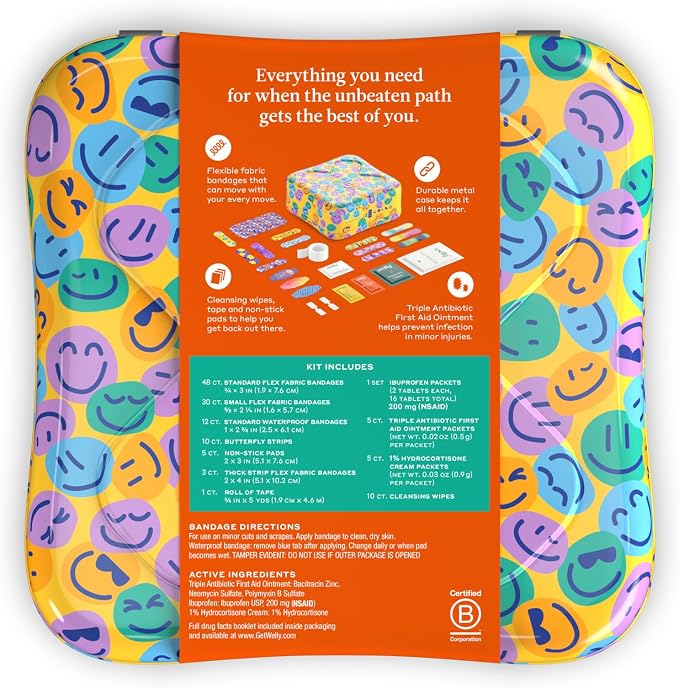 Welly First Aid Kit | FSA Eligible | Adhesive Flexible Fabric and Waterproof Bandages, Tape and Non-Stick Pads, Butterfly Strips, Triple Antibiotic and Hydrocortisone Ointments, Ibuprofen - 130 Count