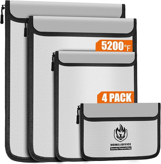 Andyer 4 Pack Fireproof Document Bags, Waterproof Document Pouch Holder with Zipper, Fire Proof Money Bag for Cash, Fireproof Envelope Fire Safe Bag, Fire Resistant Storage for Legal/A4 Size (Gray)