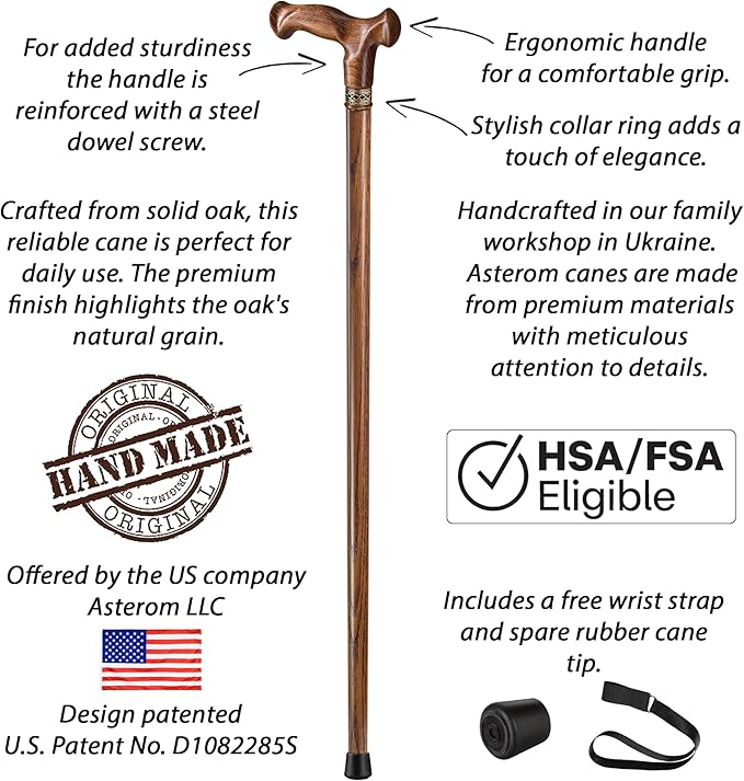 Asterom Walking Cane for Men & Women - Handmade, Ergonomic, Wooden Canes - Cool Walking Sticks for Seniors