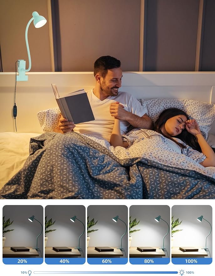 LiFMIRA Reading Light for Bed, Clip-on Desk Lamp 3 Color Modes Teal | 10 Brightness Levels Eye Care Clamp Light Flexible Gooseneck Reading Lamp Clip on Lamp for Bed Headboard Desk Bedside Dorm